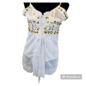 Mapsi White Boho Camisole Tank Top w/ Gold Sequin Paillettes – One Size